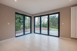 Beautiful back yard viewed through patio doors