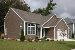 Suburban home with brown polymer siding